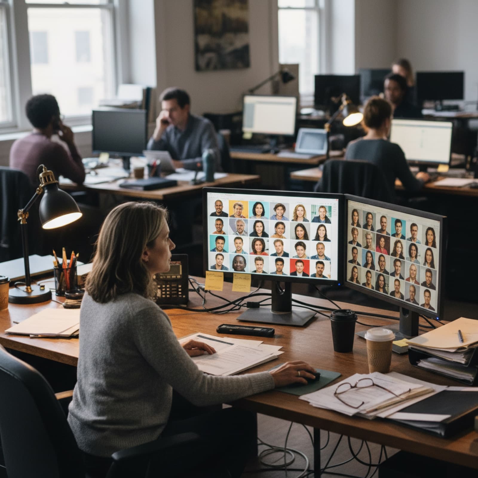 Over-the-shoulder view of a casting director scrolling thumbnail grids of headshots on multiple monitors.