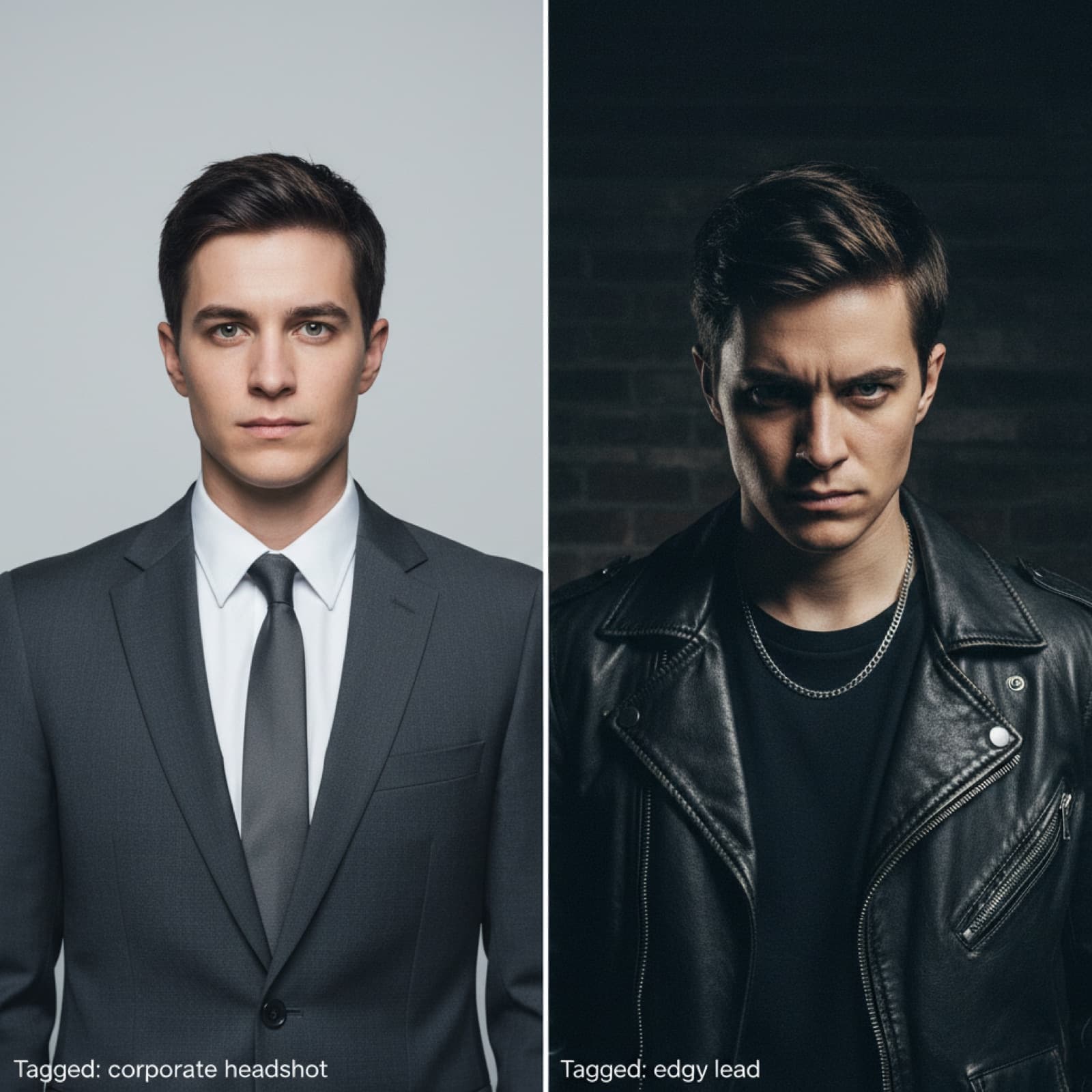 Side-by-side: a corporate headshot next to a moodier, edgier shot of the same person, both tagged 'edgy lead'.