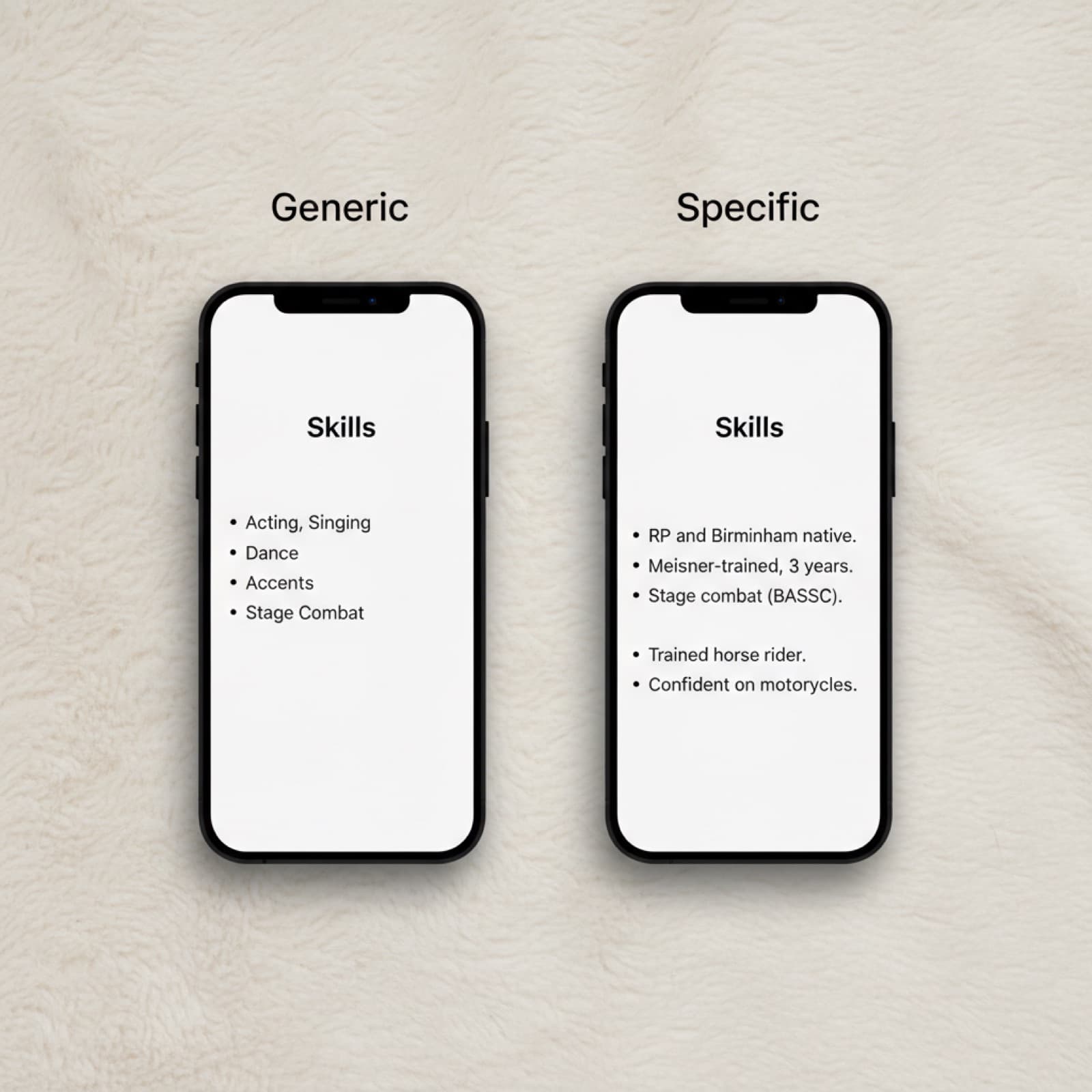 Two phone profile mockups: a generic skills list versus a specific, castable one.