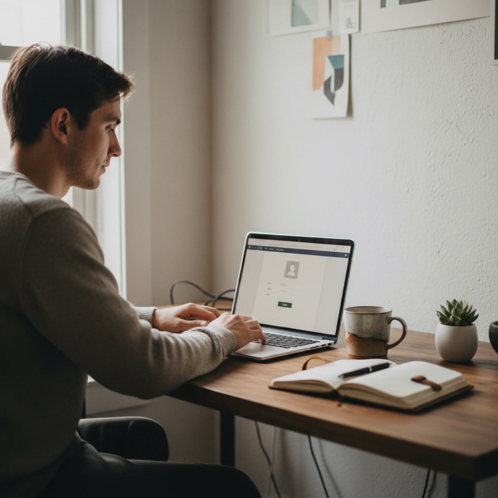 A creative professional quietly updating their profile on a laptop in a sunlit workspace.