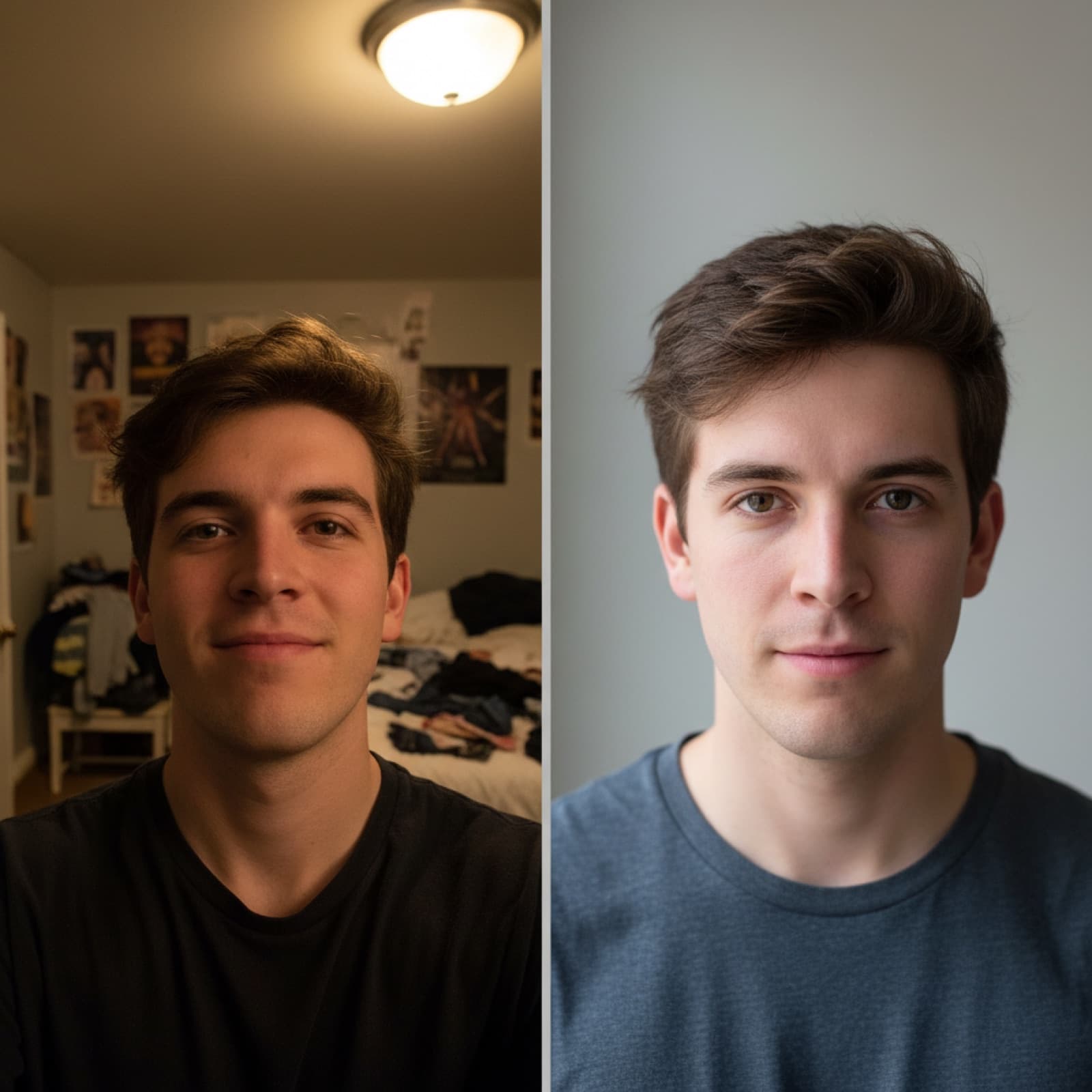 Side-by-side comparison of a poor amateur headshot and a strong professional headshot.