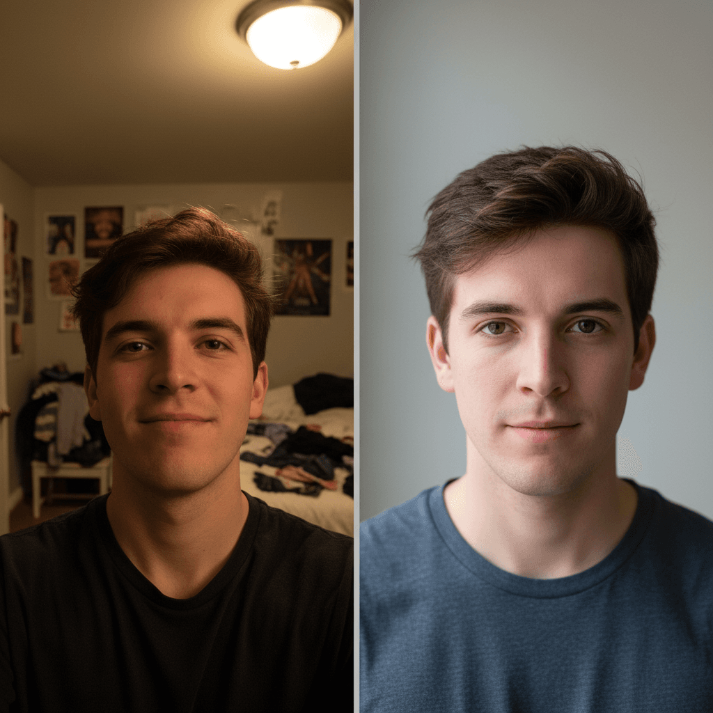Side-by-side comparison of a poor amateur headshot and a strong professional headshot.