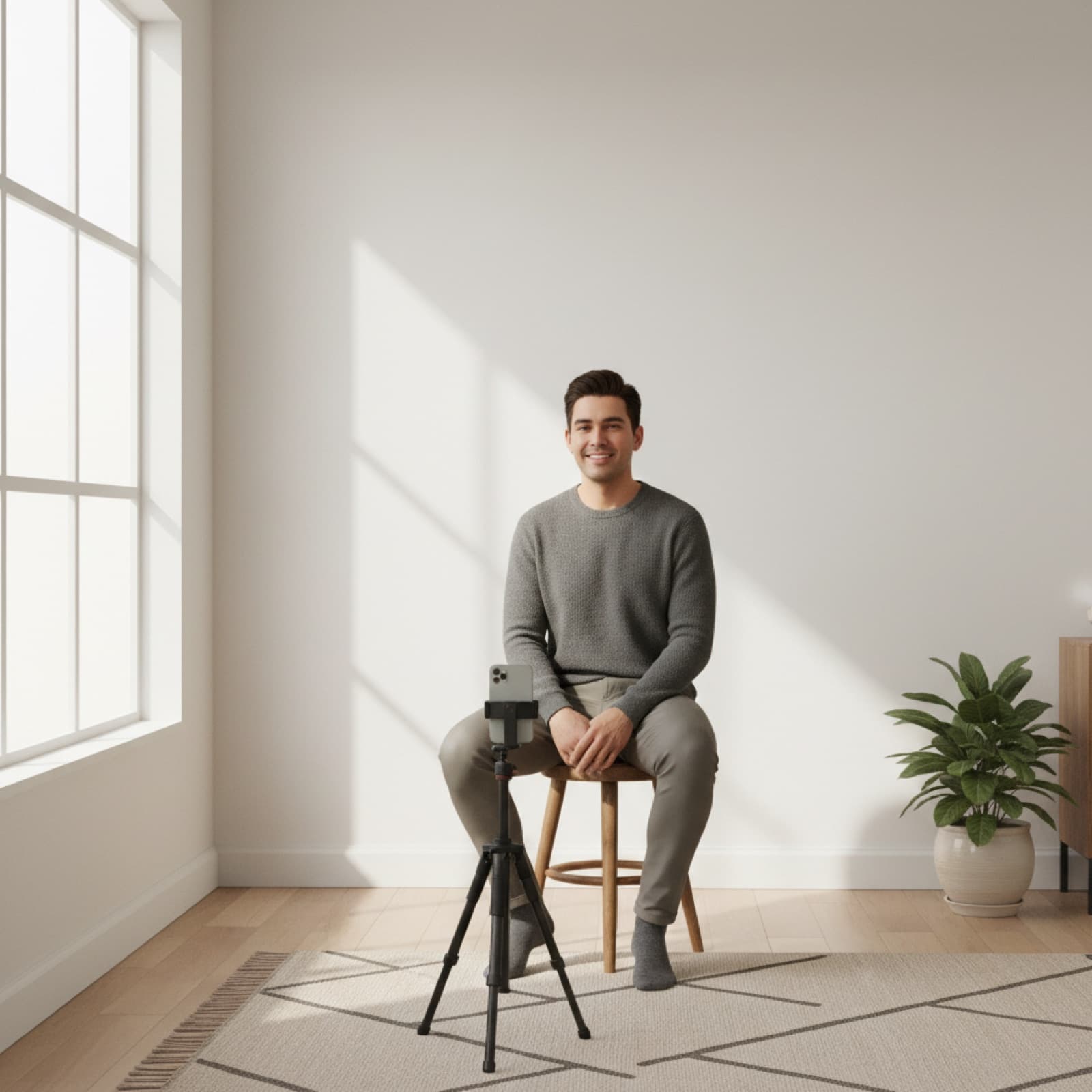 A simple home headshot setup with daylight from a window, plain wall, and phone on a tripod.