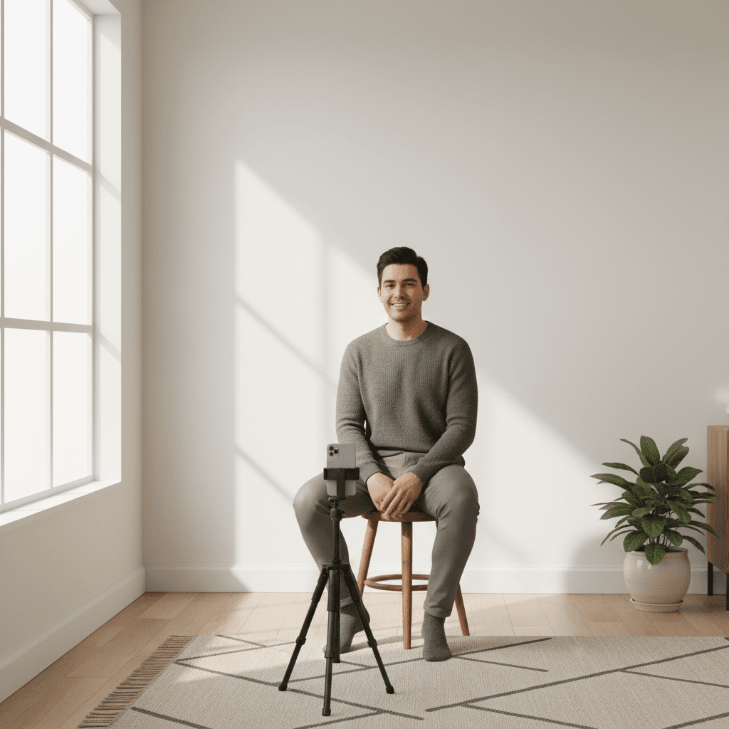A simple home headshot setup with daylight from a window, plain wall, and phone on a tripod.
