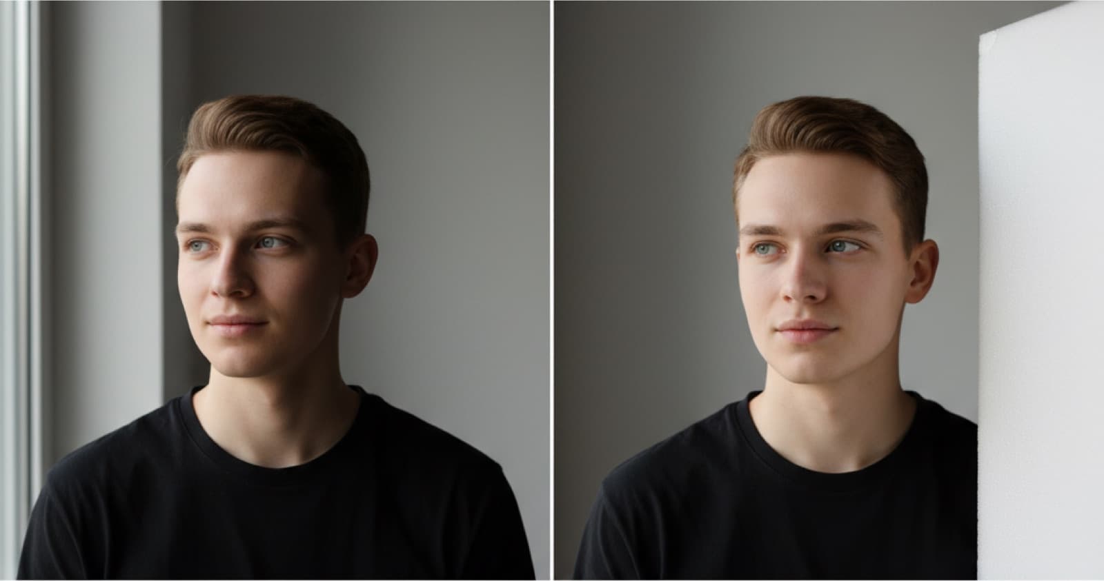 Two headshots showing the difference a white reflector makes, lifting shadow on one side of the face.