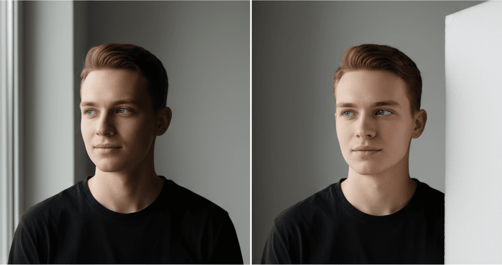 Two headshots showing the difference a white reflector makes, lifting shadow on one side of the face.